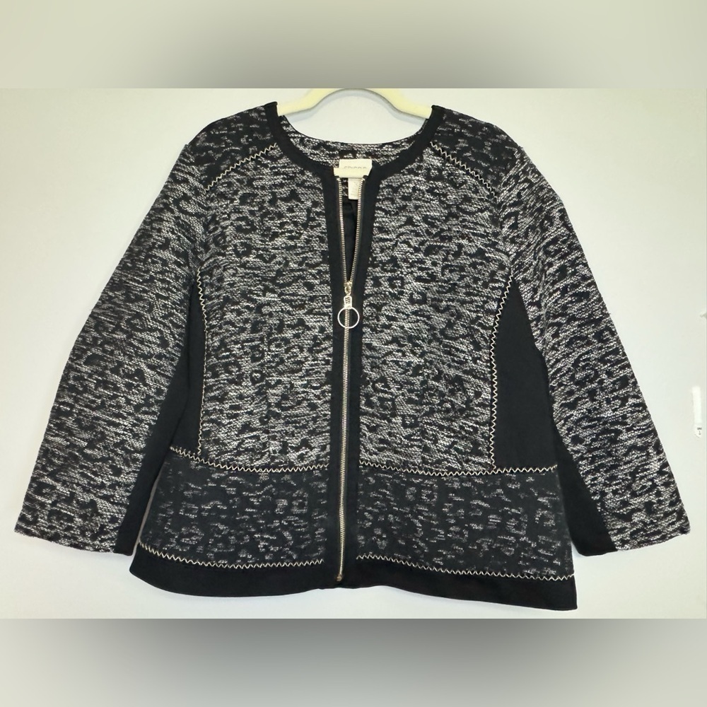 Chico’s Women’s Pieced Jacquard Jacket Black White
Gold Size L/3